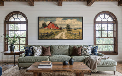 Red Barn Wall Art Large Horizontal Canvas Print, Rustic Farmhouse Living Room Decor