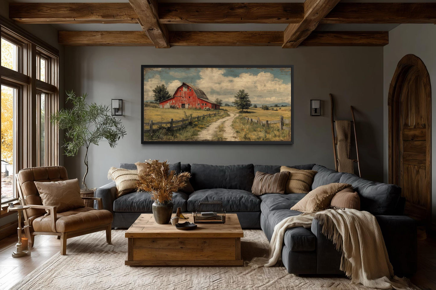 Red Barn Wall Art Large Horizontal Canvas Print, Rustic Farmhouse Living Room Decor