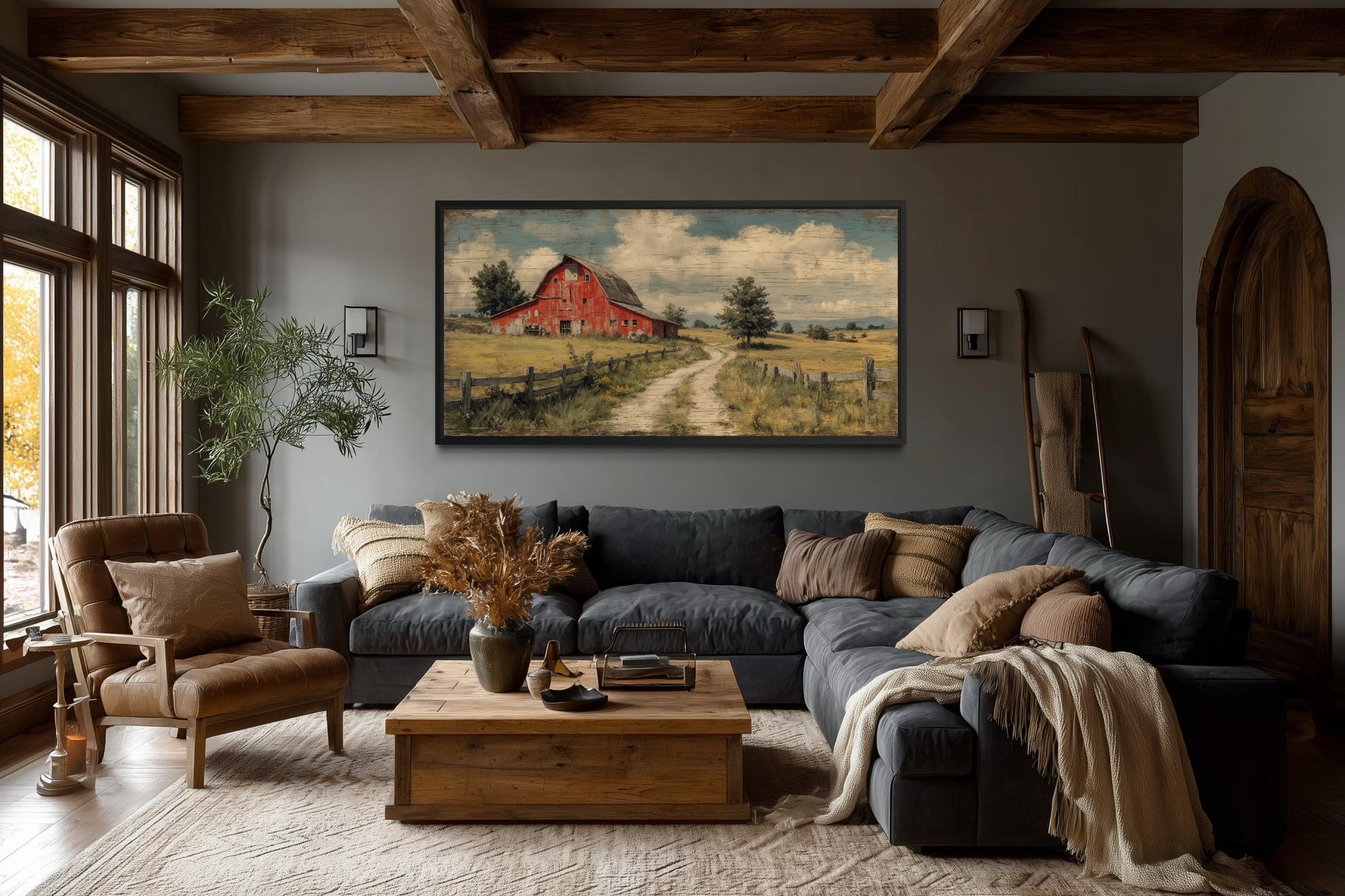 Red Barn Wall Art Large Horizontal Canvas Print, Rustic Farmhouse Living Room Decor