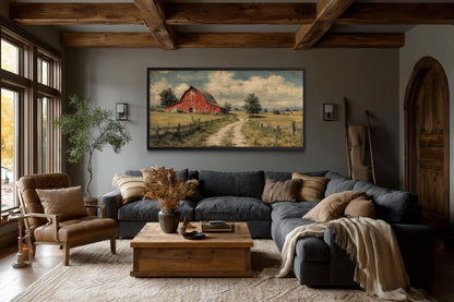Red Barn Wall Art Large Horizontal Canvas Print, Rustic Farmhouse Living Room Decor