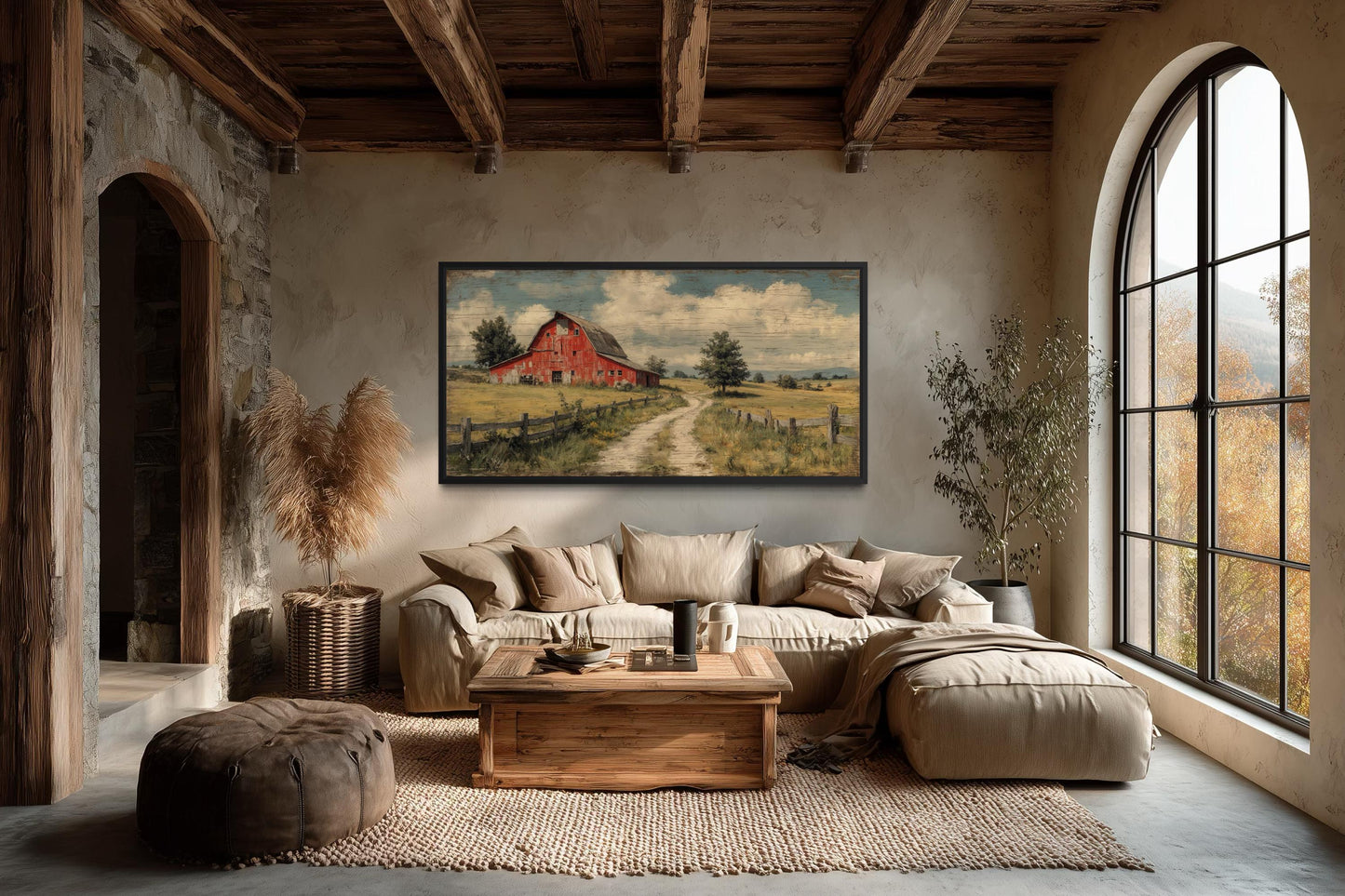 Red Barn Wall Art Large Horizontal Canvas Print, Rustic Farmhouse Living Room Decor