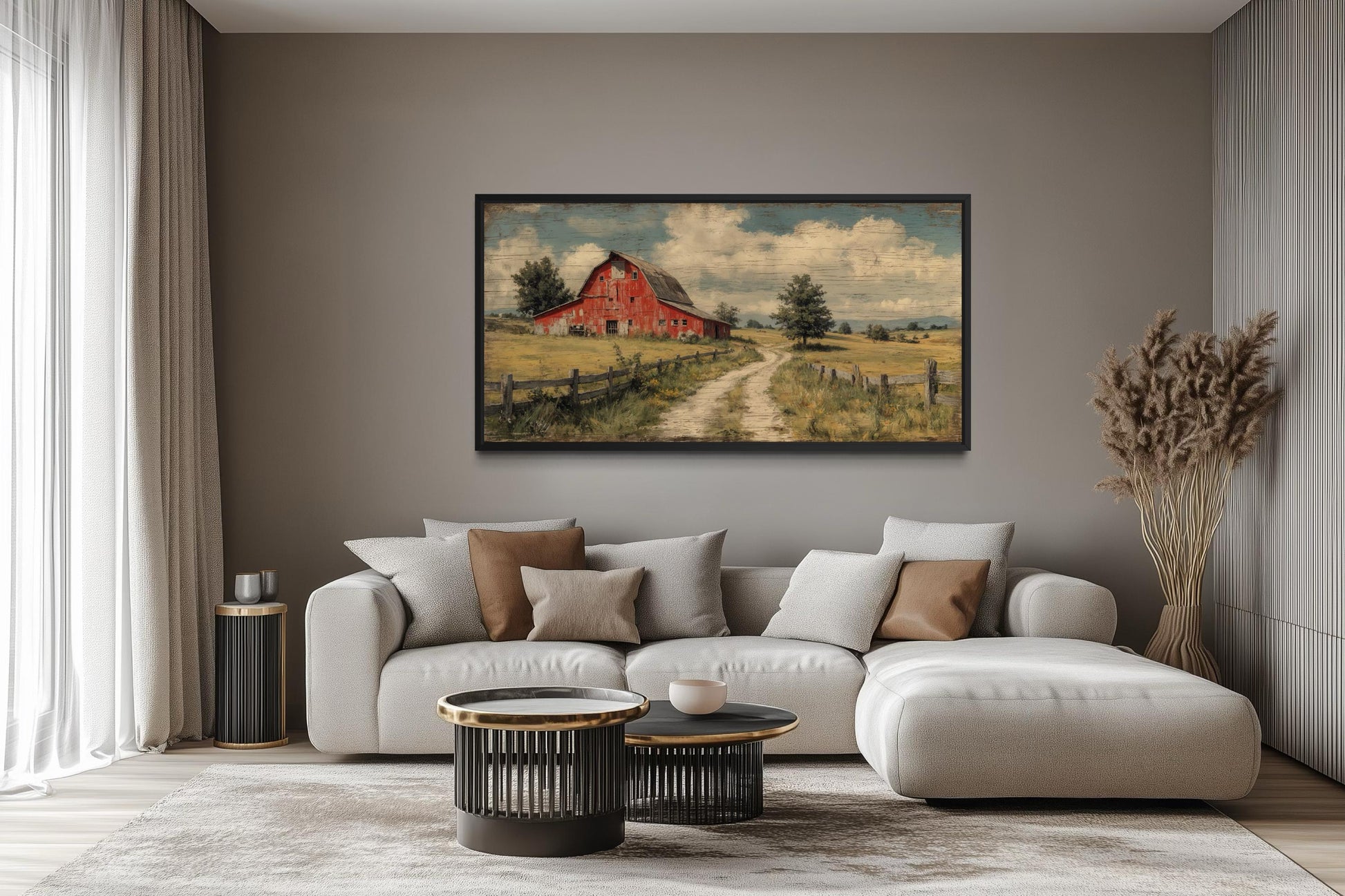 Red Barn Wall Art Large Horizontal Canvas Print, Rustic Farmhouse Living Room Decor