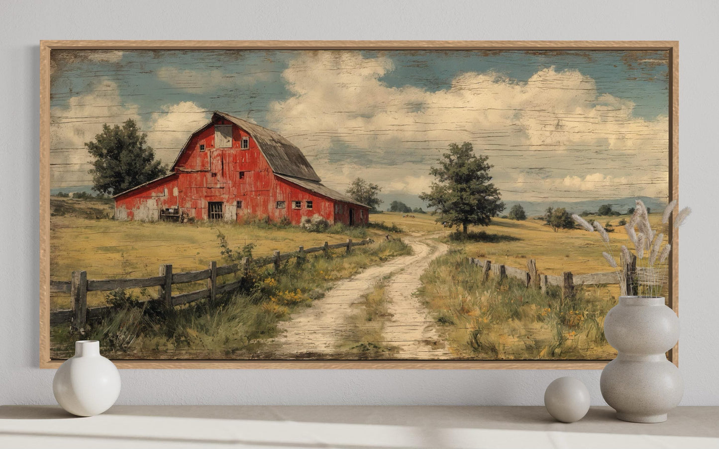 Red Barn Wall Art Large Horizontal Canvas Print, Rustic Farmhouse Living Room Decor