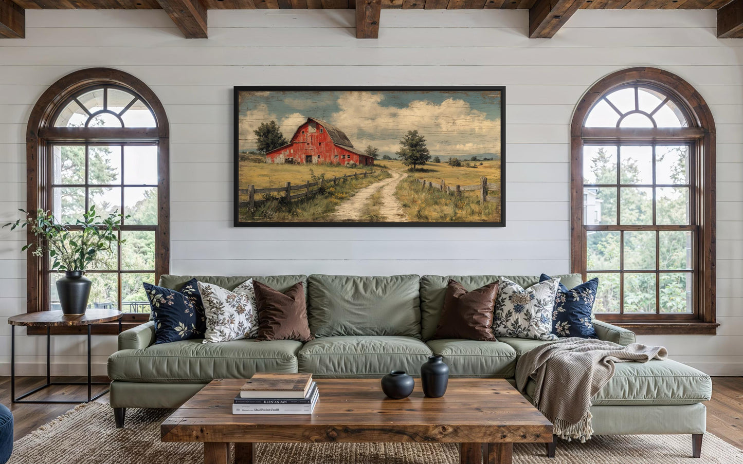 Red Barn Wall Art Large Horizontal Canvas Print, Rustic Farmhouse Living Room Decor