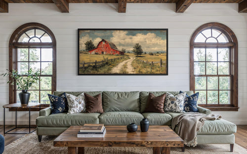 Red Barn Wall Art Large Horizontal Canvas Print, Rustic Farmhouse Living Room Decor