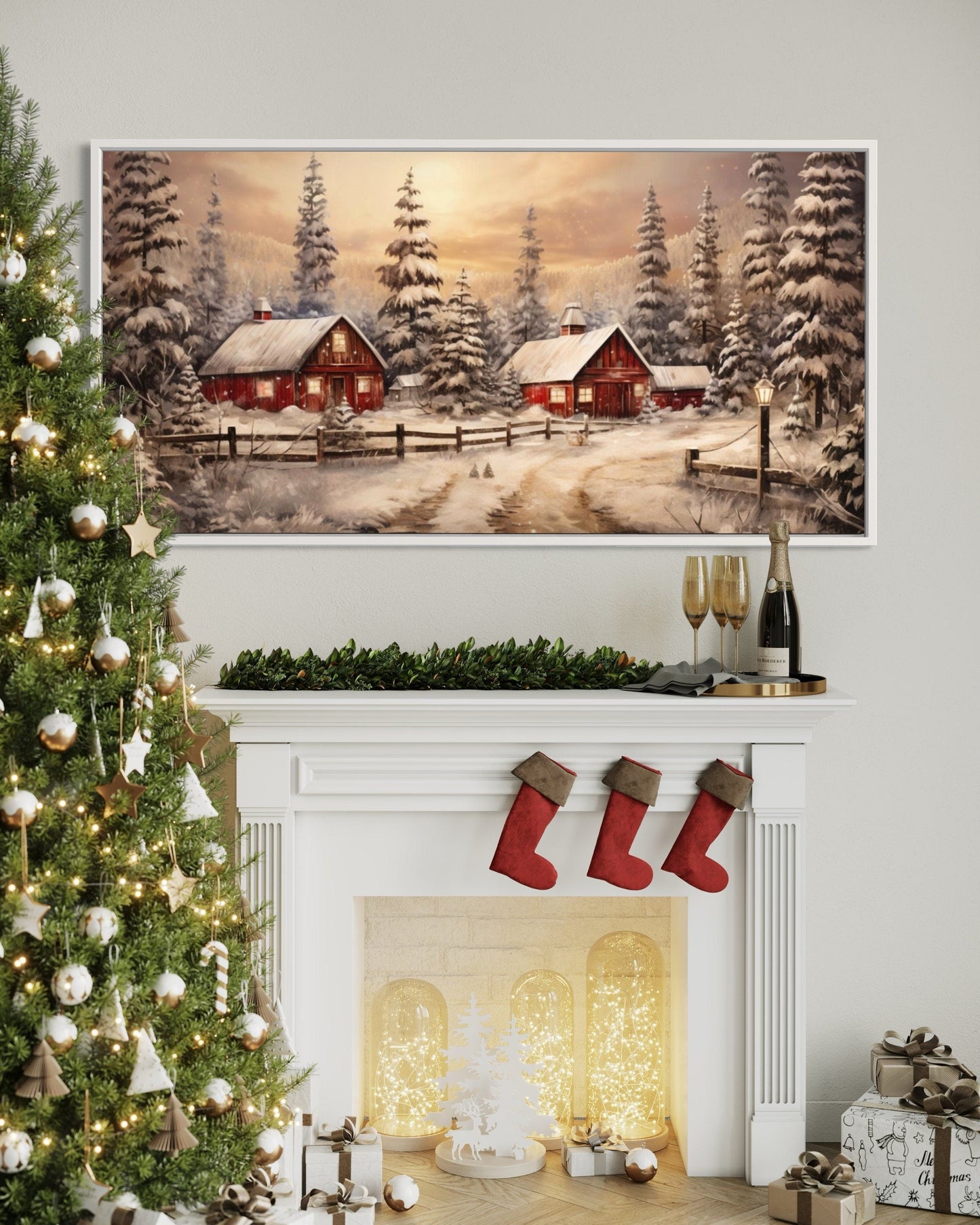 Red Barn Wall Art - Rustic Christmas Farm Art Framed Canvas for Cozy Farmhouse Decor