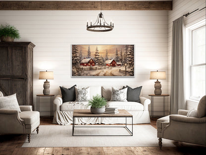 Red Barn Wall Art - Rustic Christmas Farm Art Framed Canvas for Cozy Farmhouse Decor