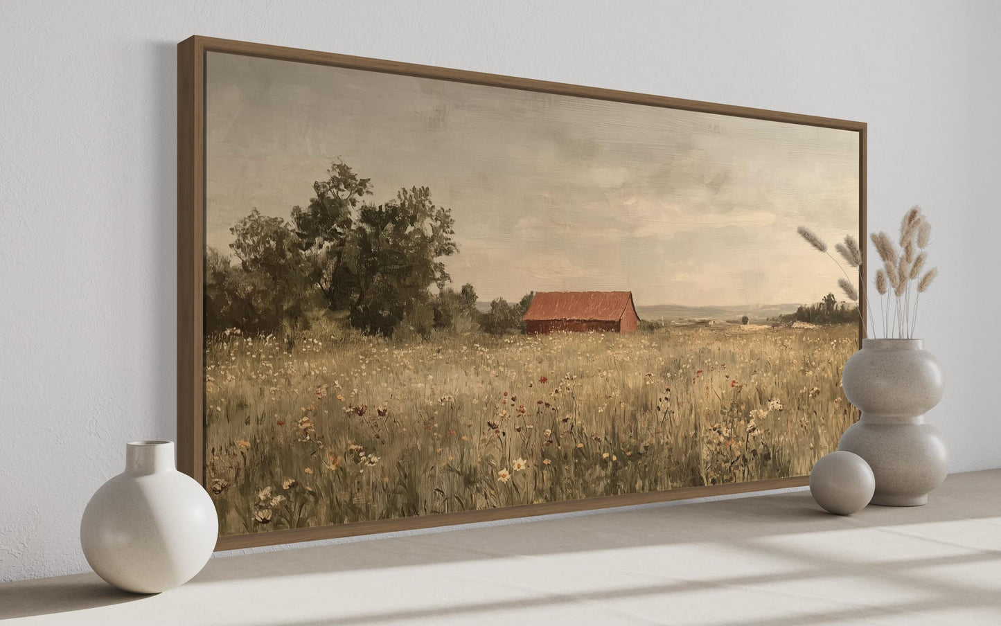 Red Barn in Wildflower Field Neutral Country Farmhouse Wall Art
