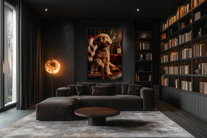 Red Brown Goldendoodle Dog Drinking Whiskey and Smoking Cigar Canvas Wall Art