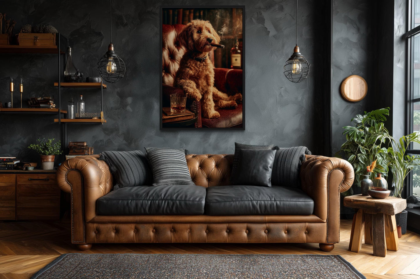Red Brown Goldendoodle Dog Drinking Whiskey and Smoking Cigar Canvas Wall Art