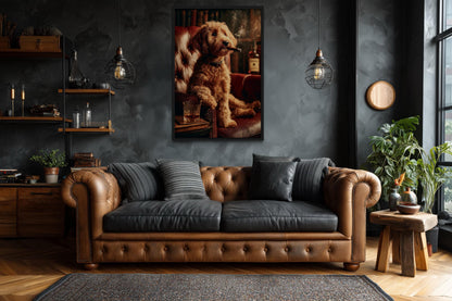 Red Brown Goldendoodle Dog Drinking Whiskey and Smoking Cigar Canvas Wall Art