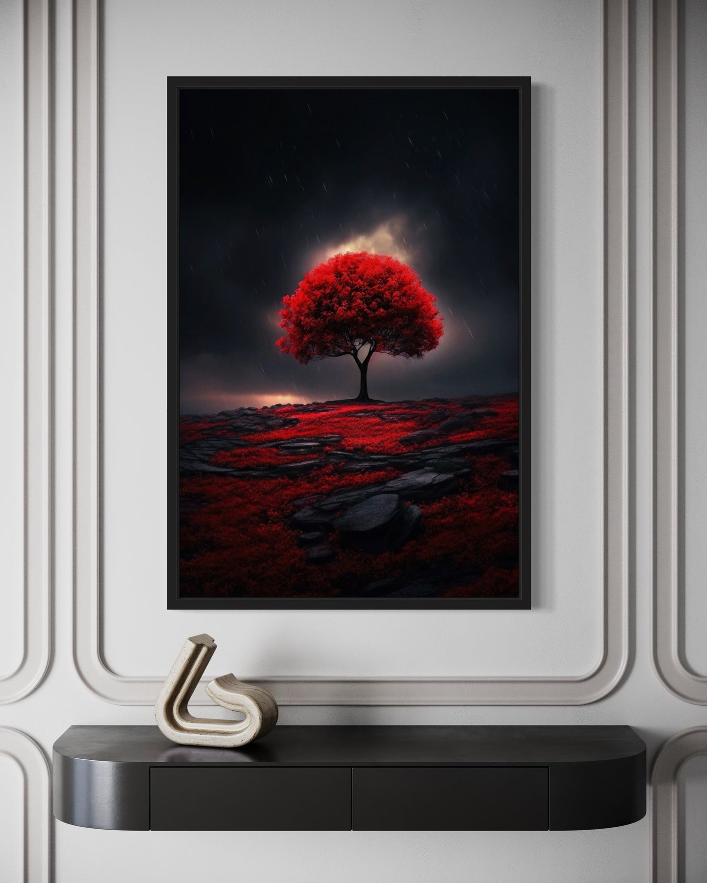 Red Burgundy Tree on Black Background Framed Canvas Wall Art