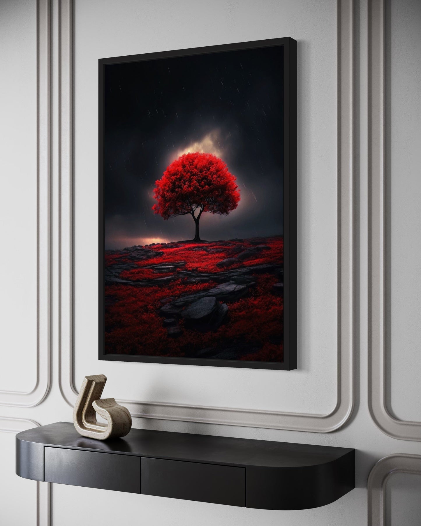 Red Burgundy Tree on Black Background Framed Canvas Wall Art