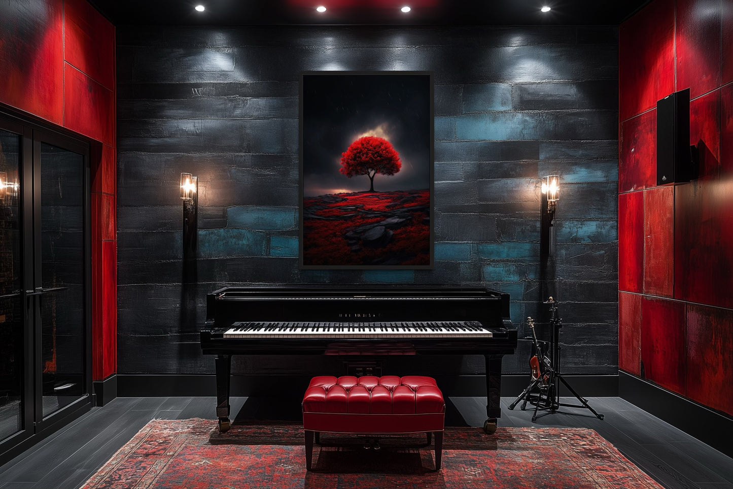 Red Burgundy Tree on Black Background Framed Canvas Wall Art
