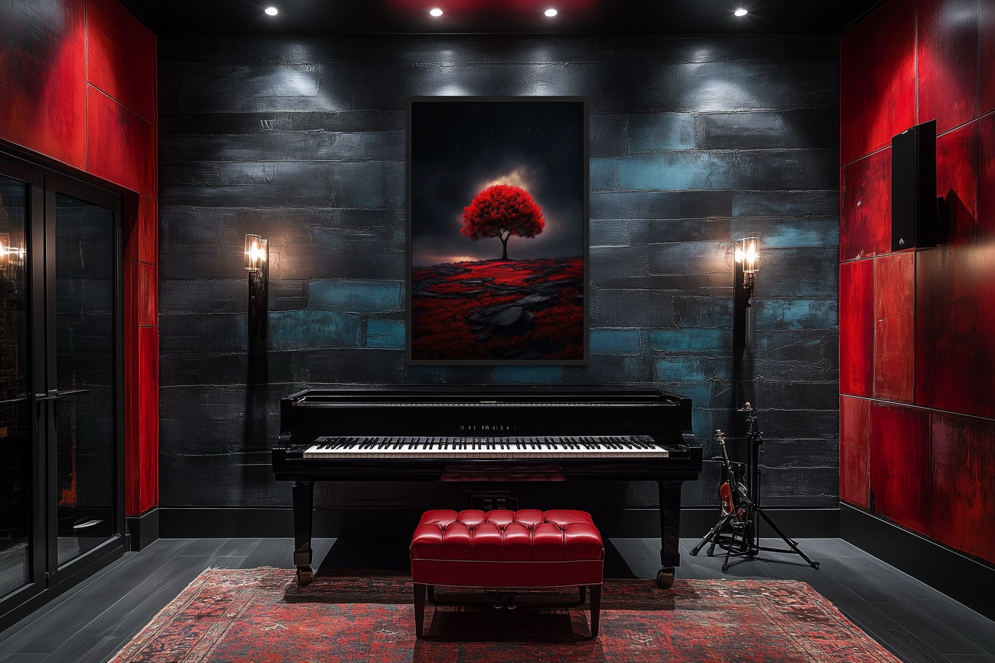 Red Burgundy Tree on Black Background Framed Canvas Wall Art