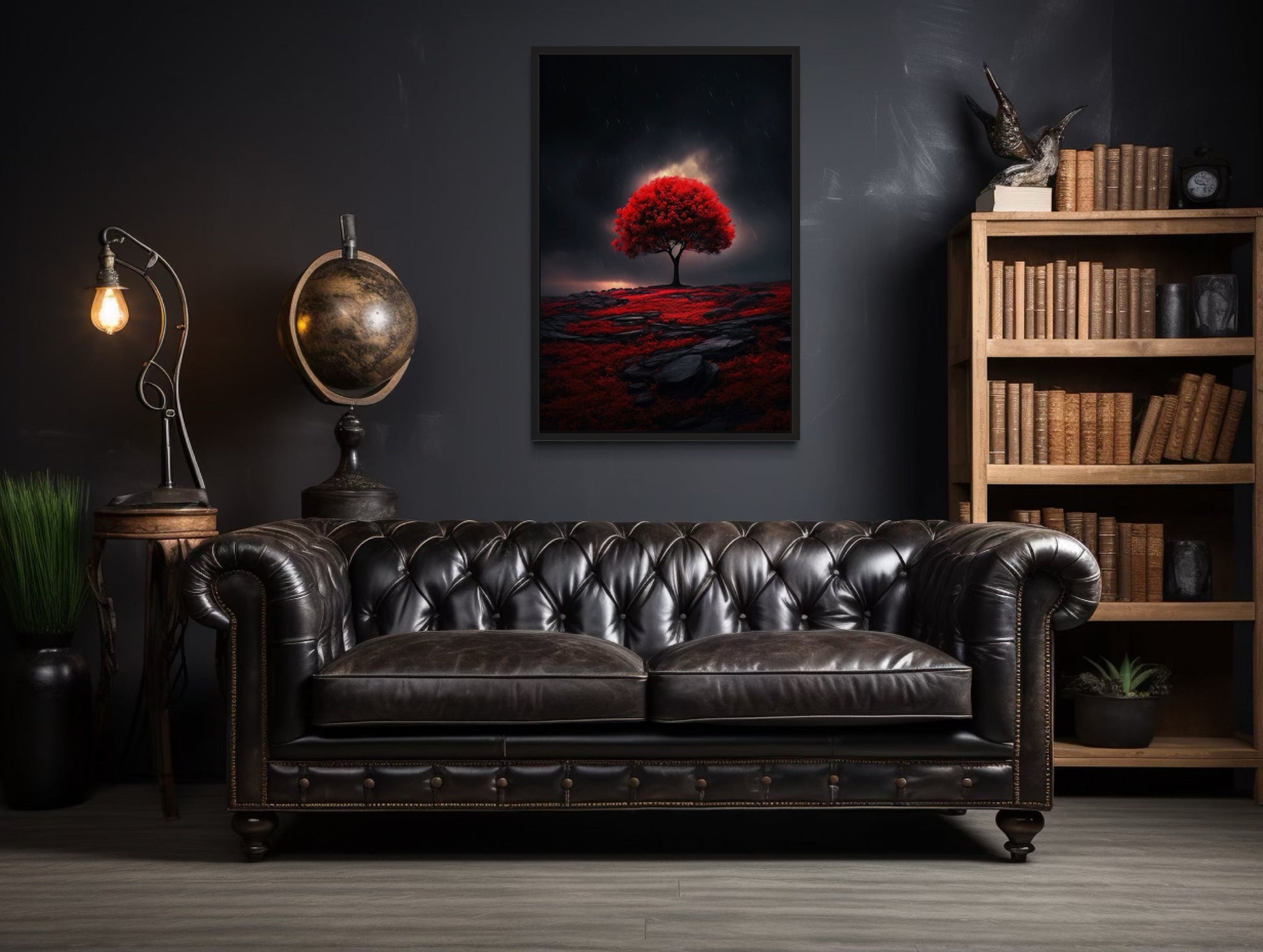 Red Burgundy Tree on Black Background Framed Canvas Wall Art