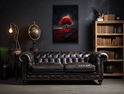 Red Burgundy Tree on Black Background Framed Canvas Wall Art