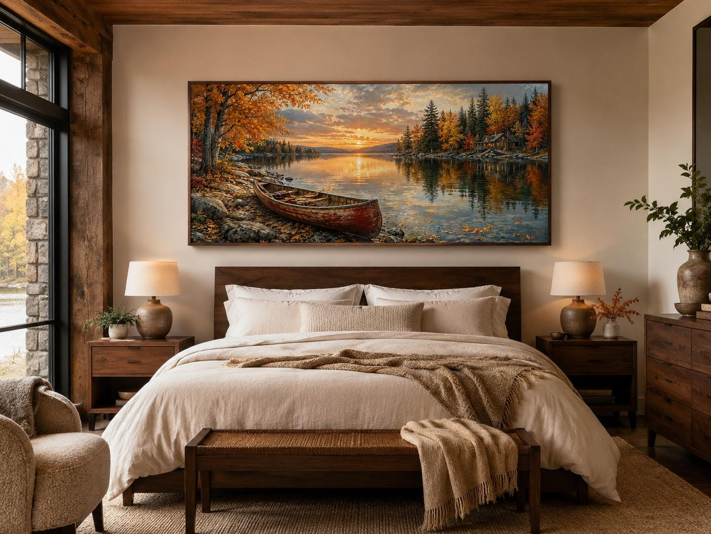 Red Canoe In Autumn Lake Cozy Cabin and Rustic Forest Canvas Wall Art