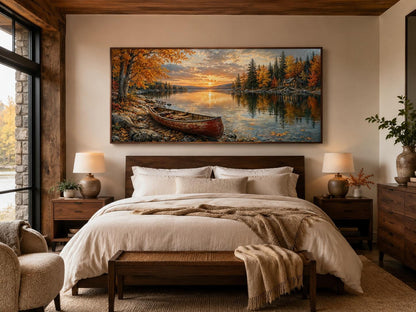 Red Canoe In Autumn Lake Cozy Cabin and Rustic Forest Canvas Wall Art