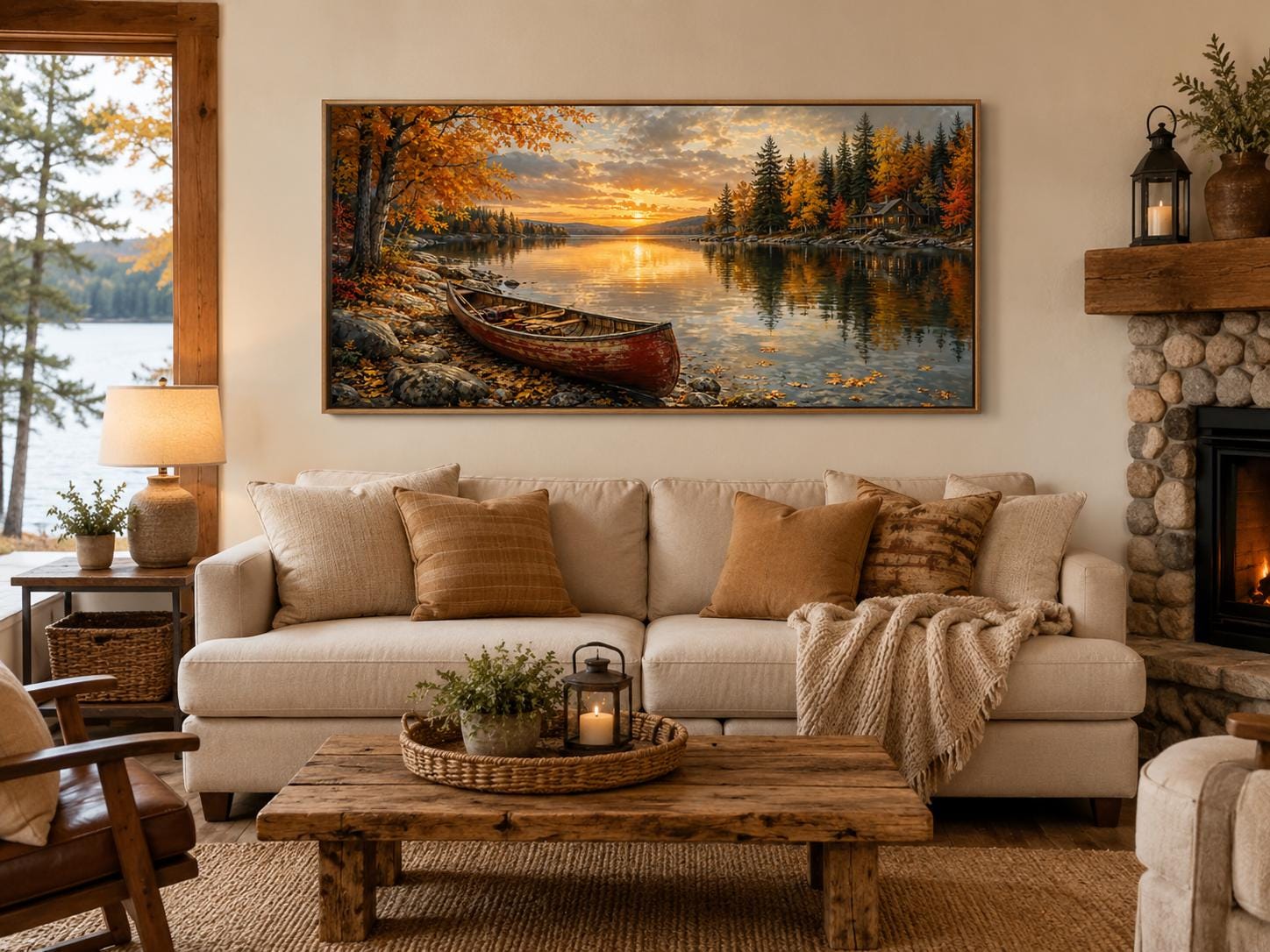 Red Canoe In Autumn Lake Cozy Cabin and Rustic Forest Canvas Wall Art