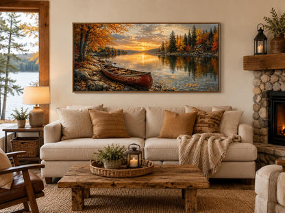 Red Canoe In Autumn Lake Cozy Cabin and Rustic Forest Canvas Wall Art