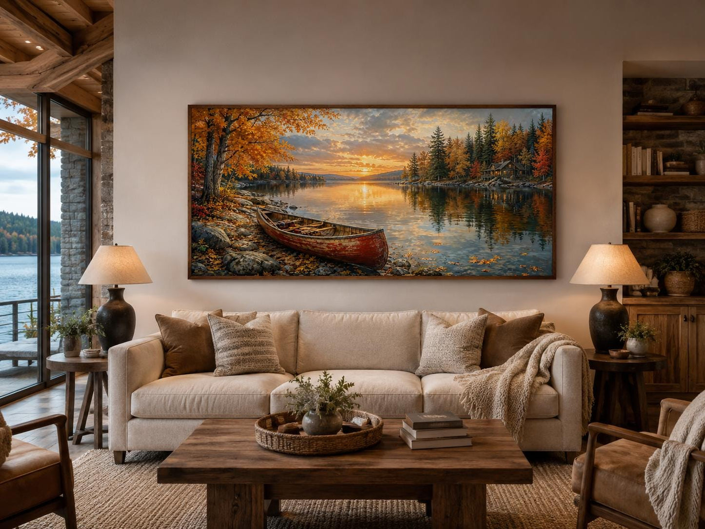 Red Canoe In Autumn Lake Cozy Cabin and Rustic Forest Canvas Wall Art