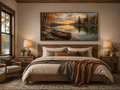 Red Canoe In Autumn Lake Cozy Cabin and Rustic Forest Canvas Wall Art