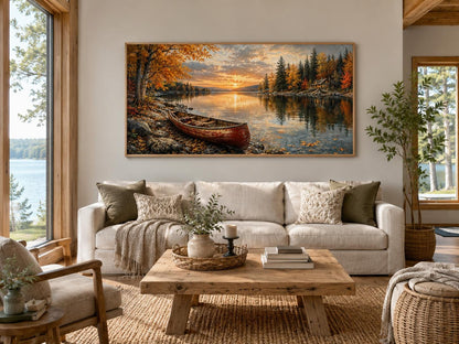 Red Canoe In Autumn Lake Cozy Cabin and Rustic Forest Canvas Wall Art