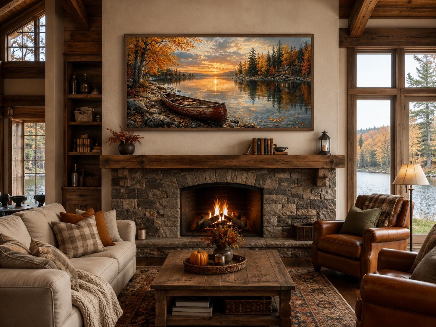 Red Canoe In Autumn Lake Cozy Cabin and Rustic Forest Canvas Wall Art