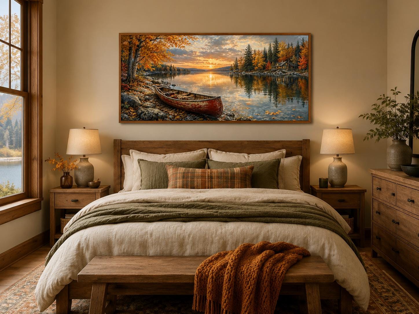 Red Canoe In Autumn Lake Cozy Cabin and Rustic Forest Canvas Wall Art
