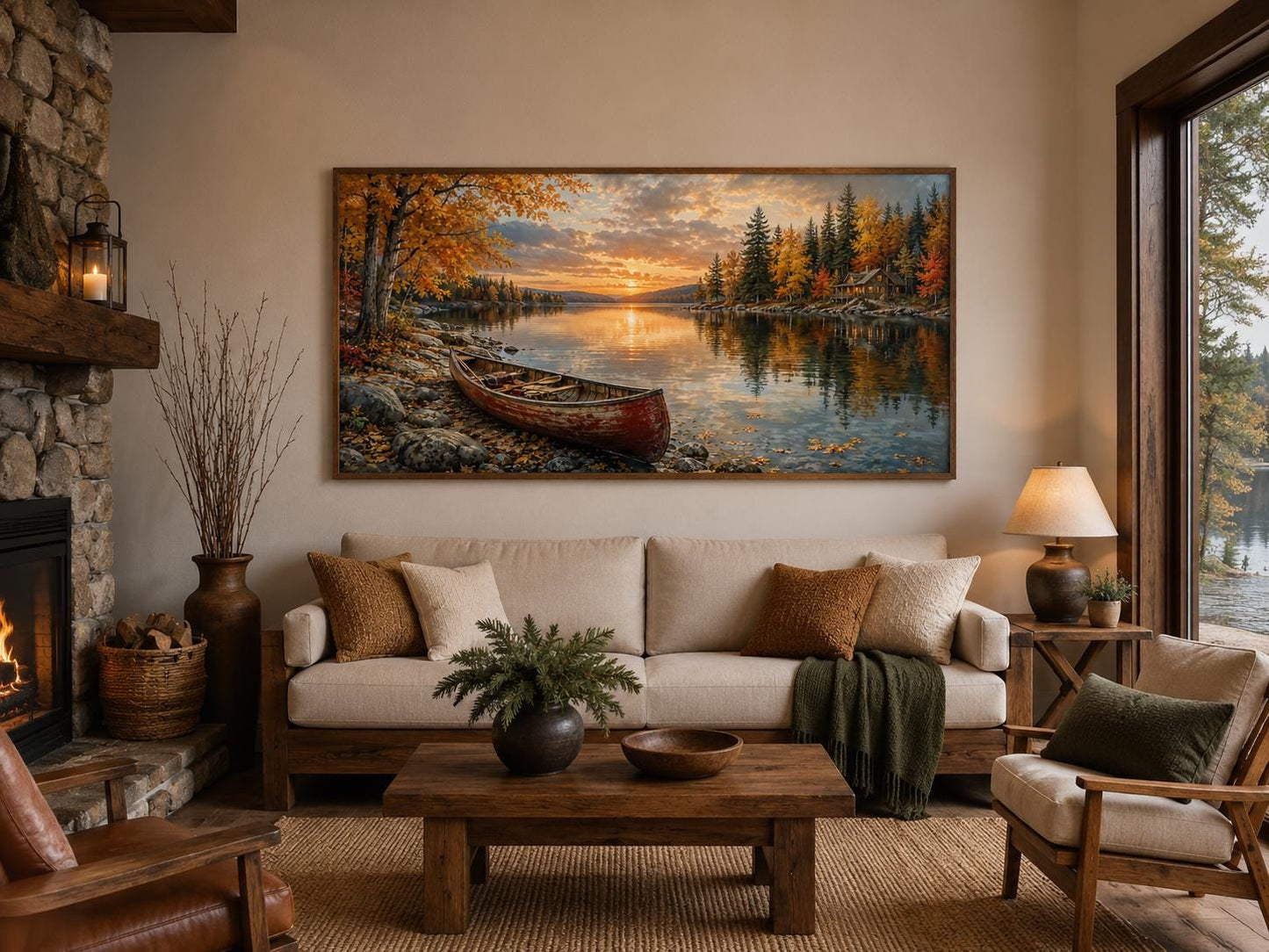 Red Canoe In Autumn Lake Cozy Cabin and Rustic Forest Canvas Wall Art