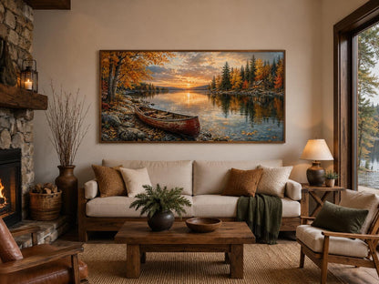 Red Canoe In Autumn Lake Cozy Cabin and Rustic Forest Canvas Wall Art