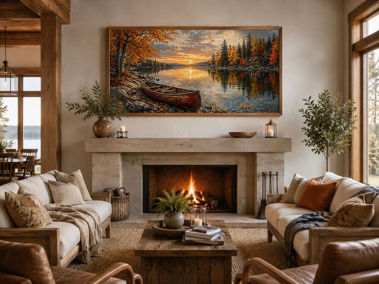 Red Canoe In Autumn Lake Cozy Cabin and Rustic Forest Canvas Wall Art