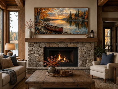 Red Canoe In Autumn Lake Cozy Cabin and Rustic Forest Canvas Wall Art