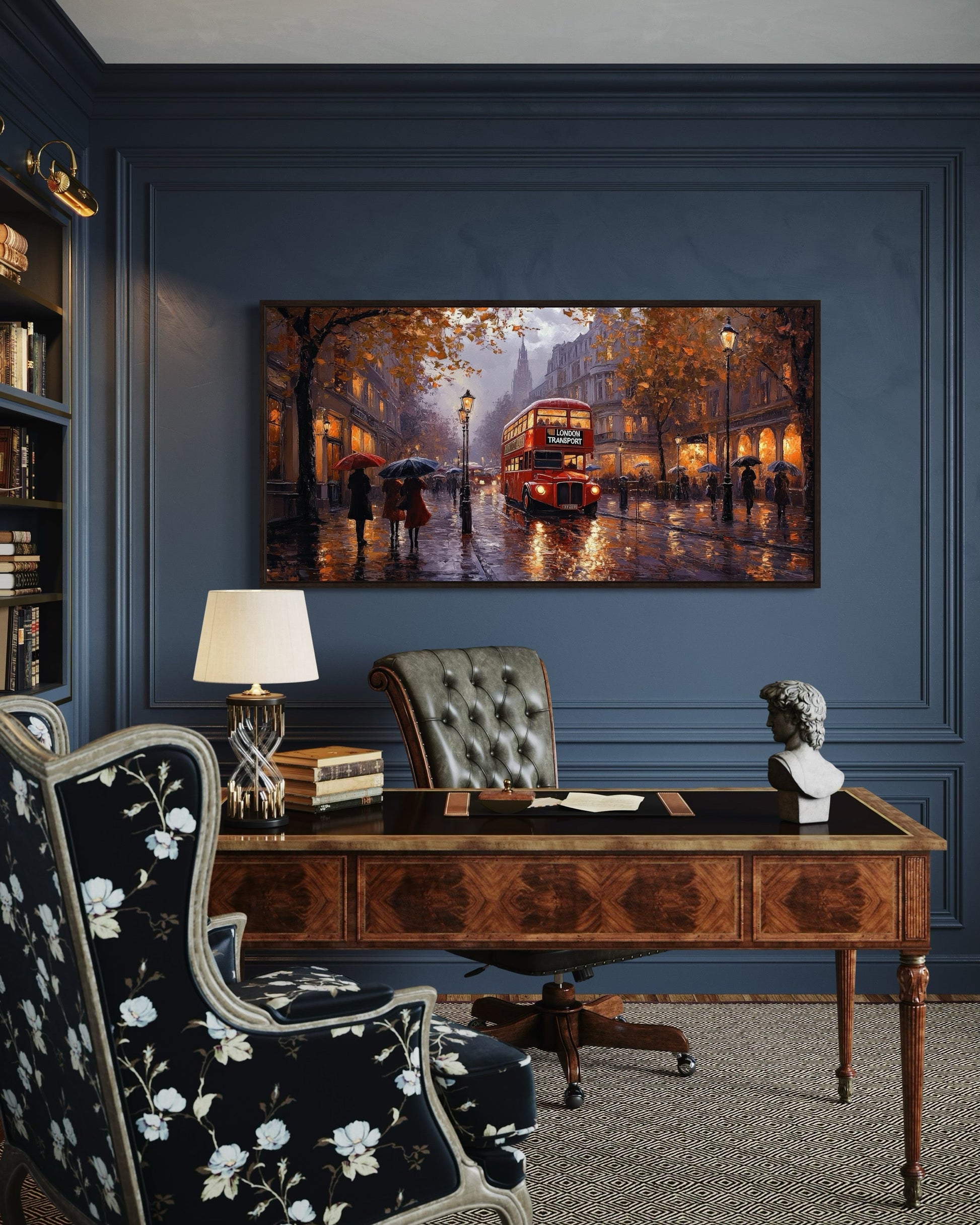Red Double Decker Bus In Rainy London Framed Canvas Wall Art For Office Decor