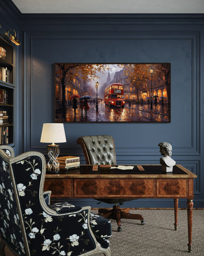 Red Double Decker Bus In Rainy London Framed Canvas Wall Art For Office Decor