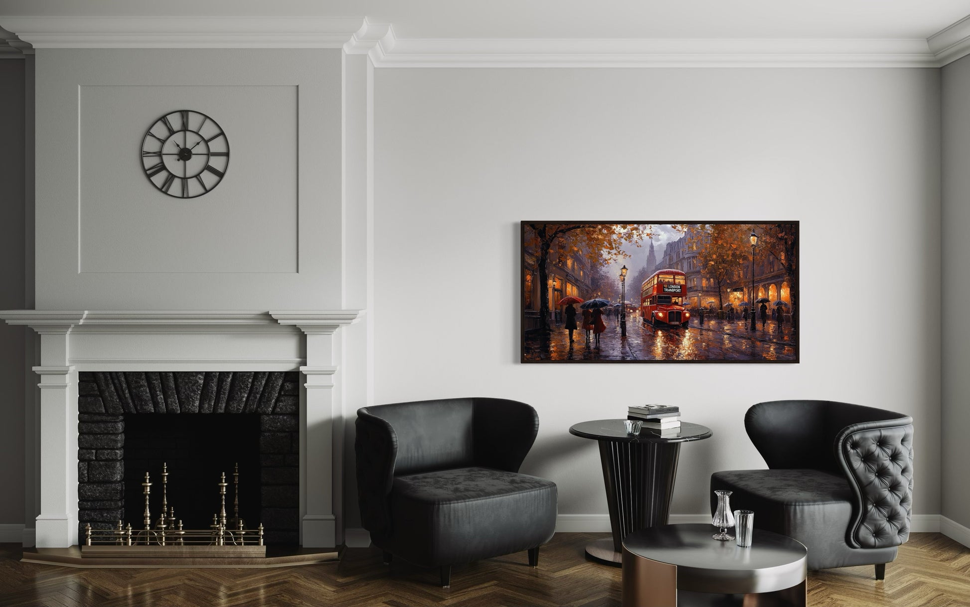 Red Double Decker Bus In Rainy London Framed Canvas Wall Art For Office Decor