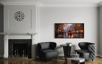 Red Double Decker Bus In Rainy London Framed Canvas Wall Art For Office Decor
