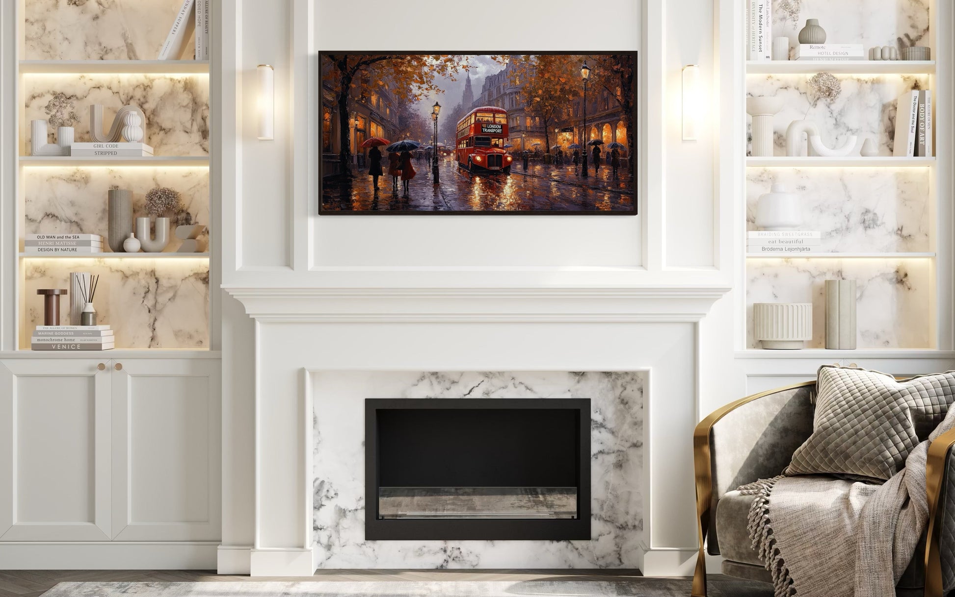 Red Double Decker Bus In Rainy London Framed Canvas Wall Art For Office Decor