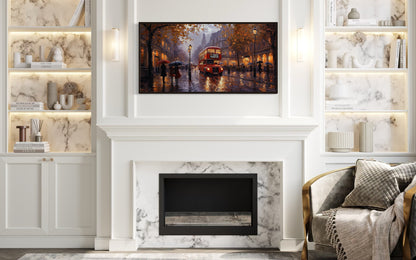 Red Double Decker Bus In Rainy London Framed Canvas Wall Art For Office Decor