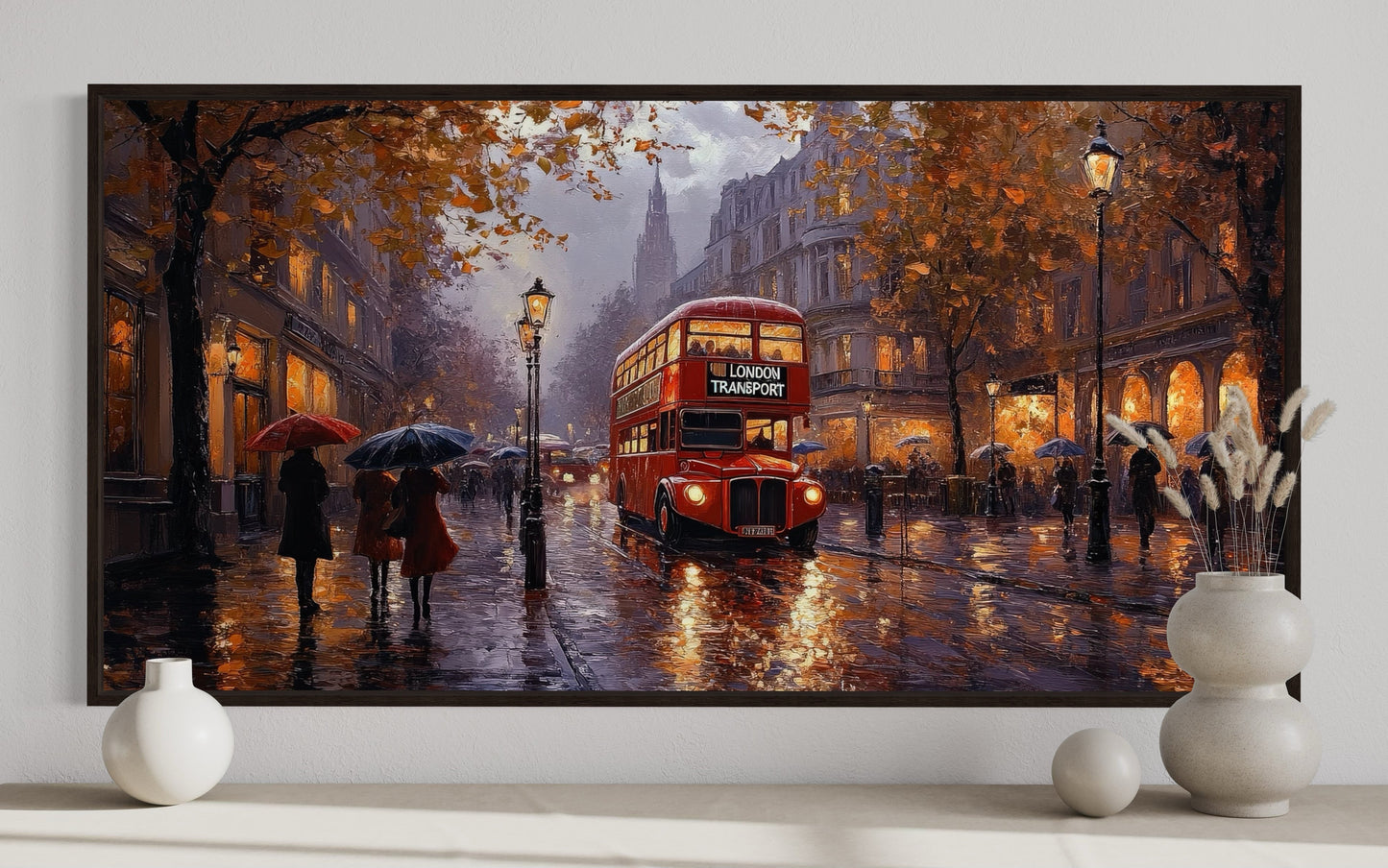 Red Double Decker Bus In Rainy London Framed Canvas Wall Art For Office Decor