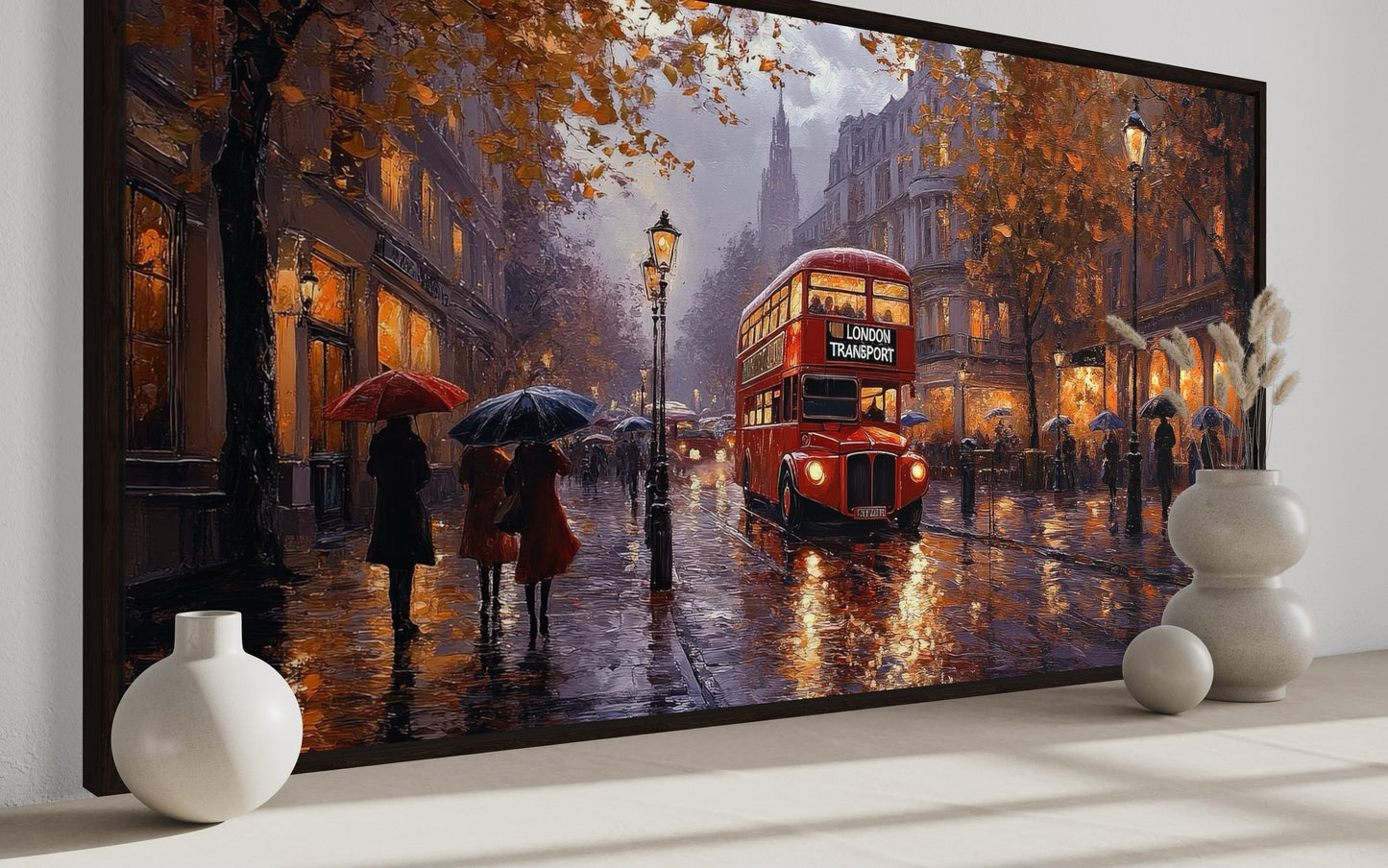 Red Double Decker Bus In Rainy London Framed Canvas Wall Art For Office Decor