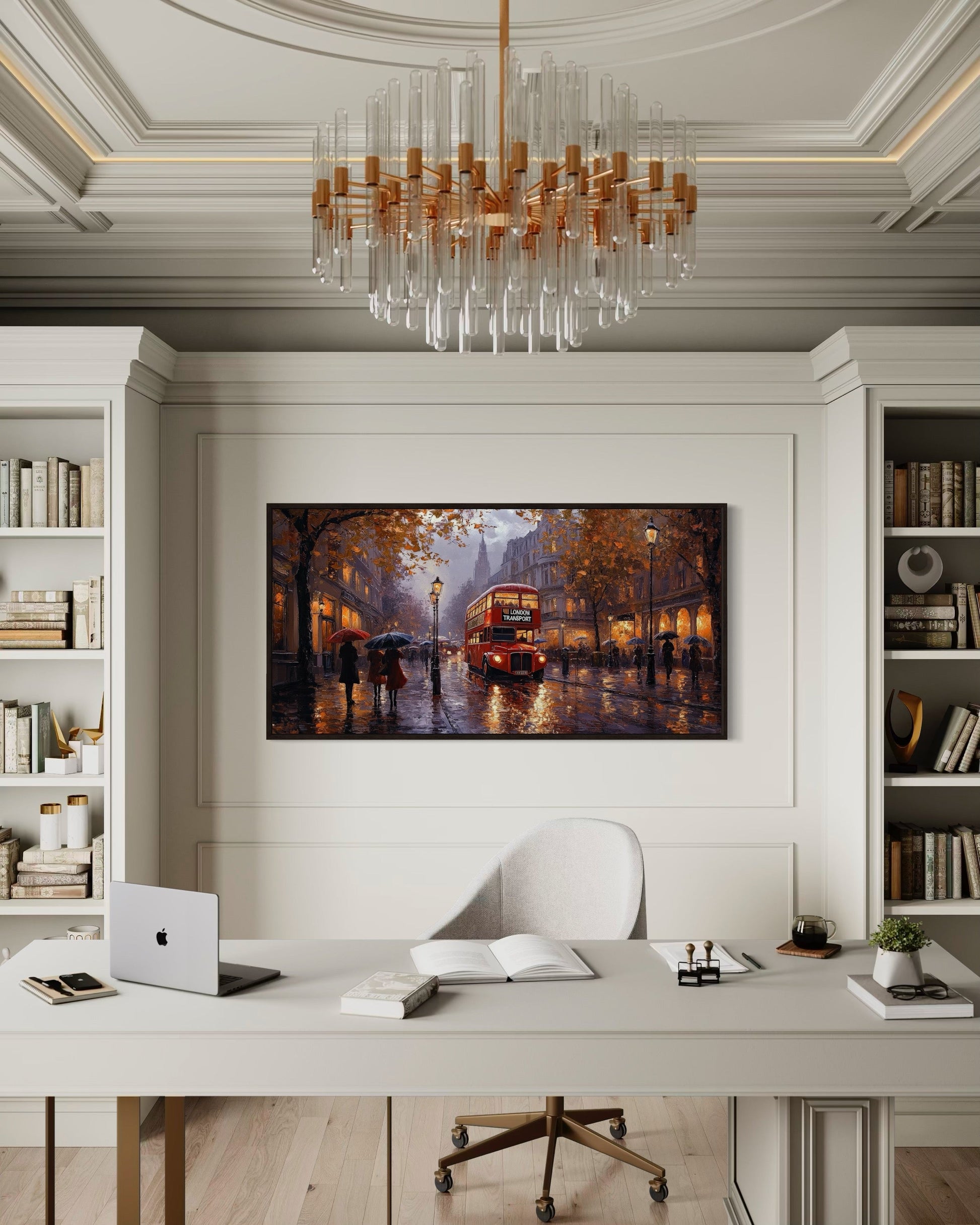 Red Double Decker Bus In Rainy London Framed Canvas Wall Art For Office Decor