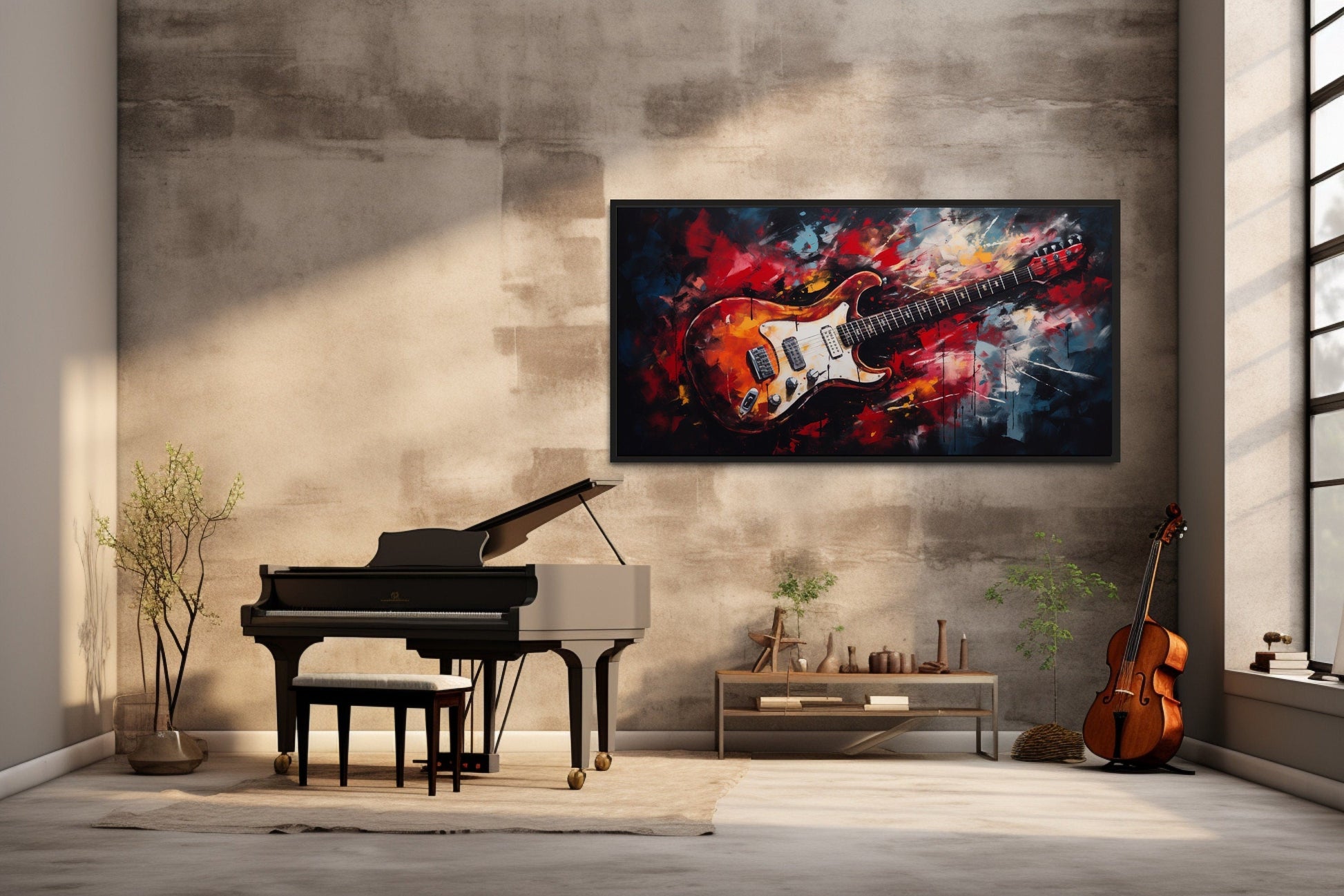 Red Electric Guitar Abstract Framed Canvas Wall Art