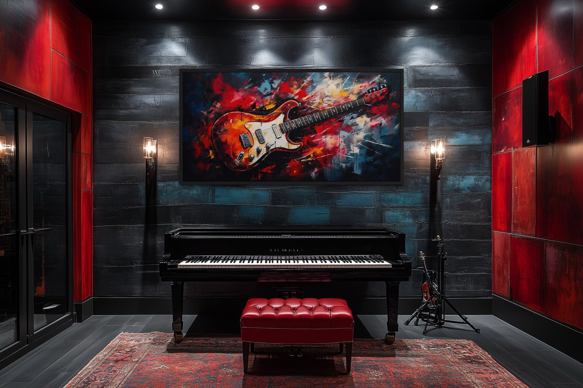 Red Electric Guitar Abstract Framed Canvas Wall Art