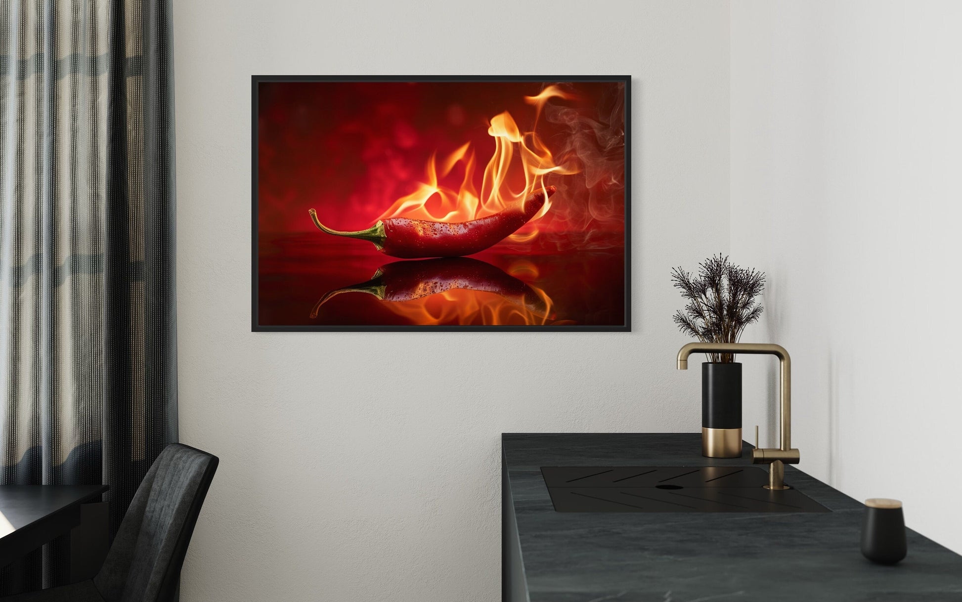 Red Flaming Chili Pepper Kitchen Wall Decor Canvas Wall Art