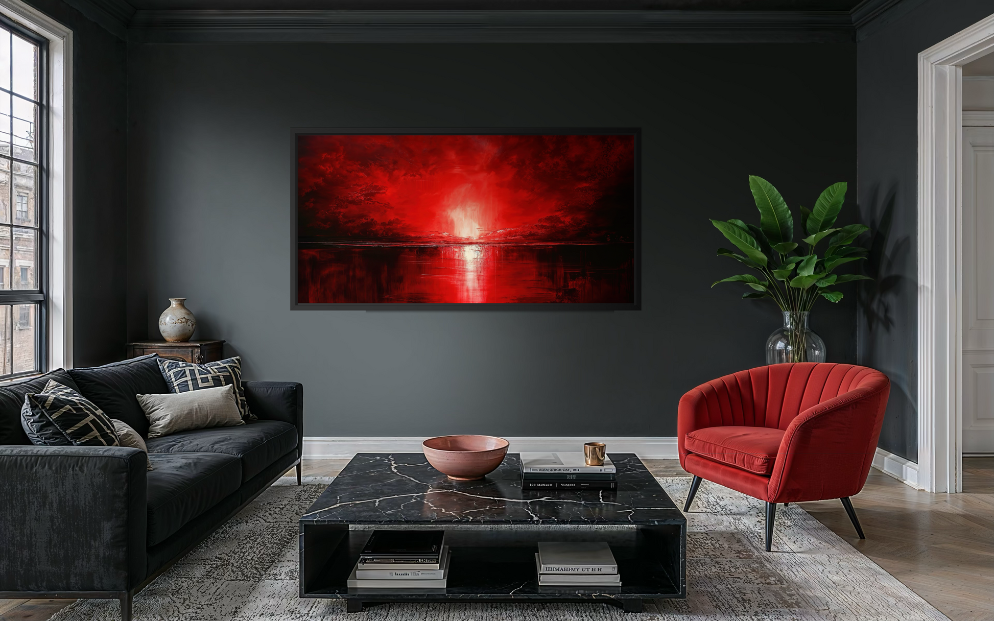 Red Ocean Sunset Framed Canvas Wall Art