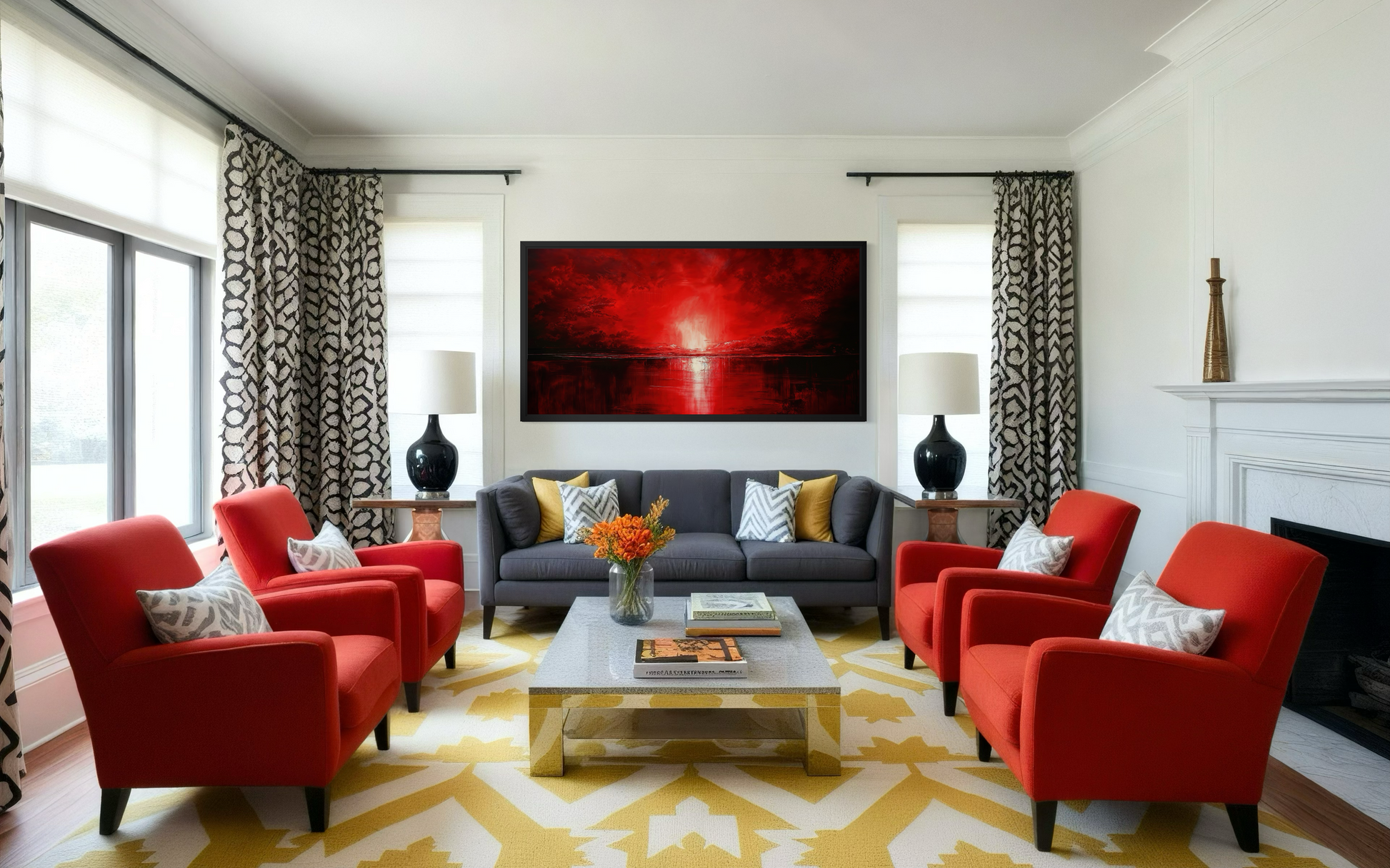 Red Ocean Sunset Framed Canvas Wall Art