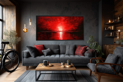 Red Ocean Sunset Framed Canvas Wall Art