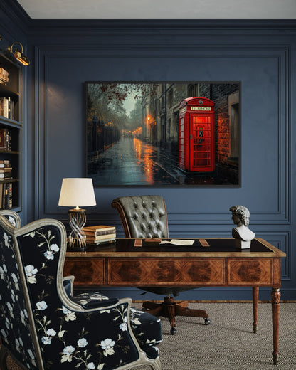 Red Phone Booth In Rainy London Street Framed Canvas Wall Art